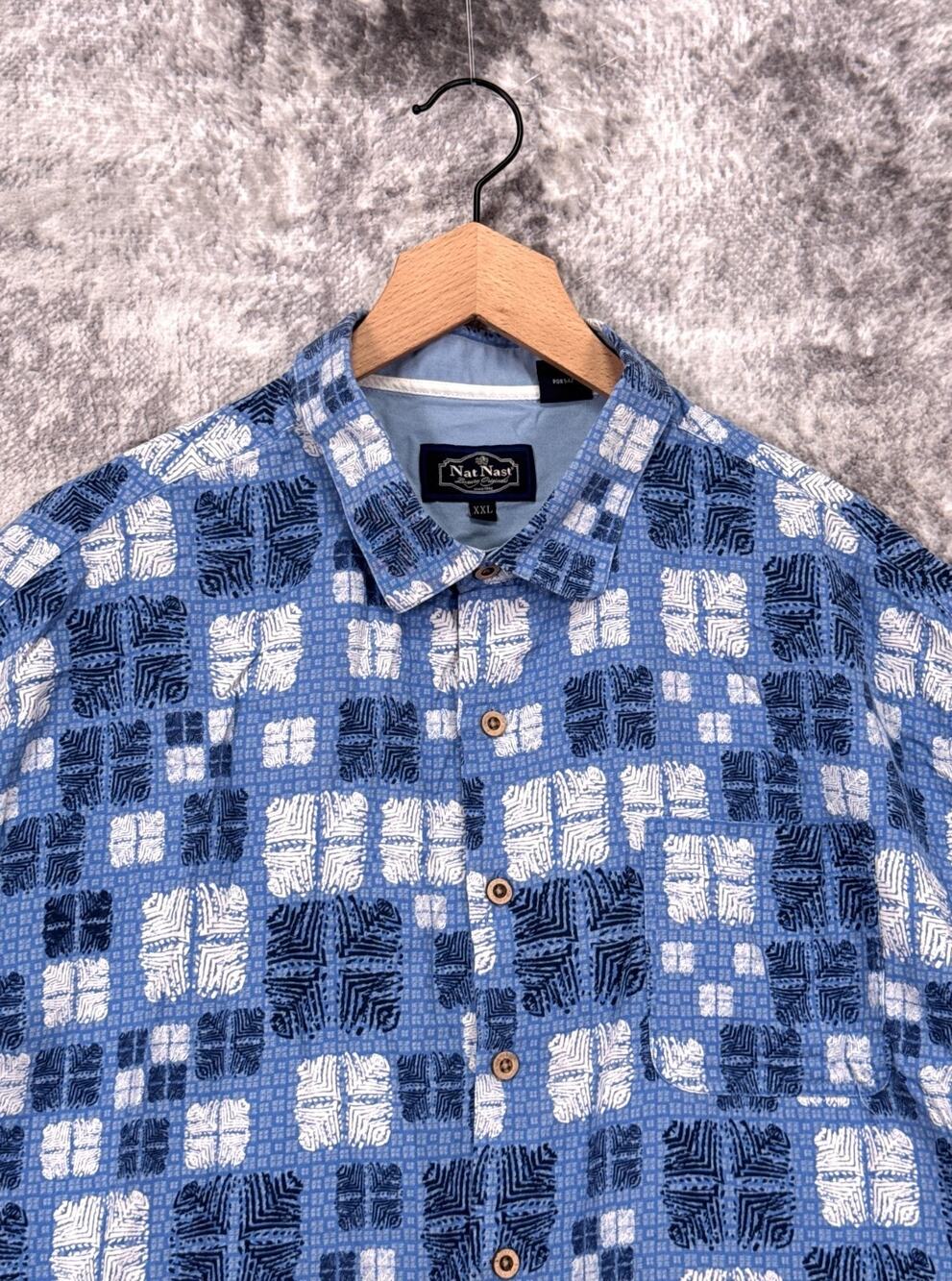 Nat Nast Shirt XXL Mens Silk Blend Blue Geometric Short Sleeve